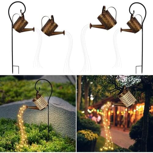 Solar Watering Can Lights Wrought Iron Hollow Floral Fairy Shower Lamp Outdoor Waterproof Yard Art Ornament Garden jardin Decor