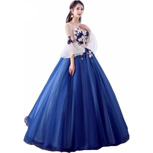 Dark Navy Blue Quinceanera Dresses Beaded Flowers Tulle Debutante Sweet 16 Girls Masquerade Prom Ball Gowns Flowers Sleeves 2019
