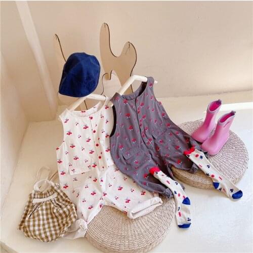 Boys and Girls Korean Suspenders Summer Cherry Printed Overalls Loose Jumpsuit Baby Casual Bodysuit Pants Wholesale Clothing