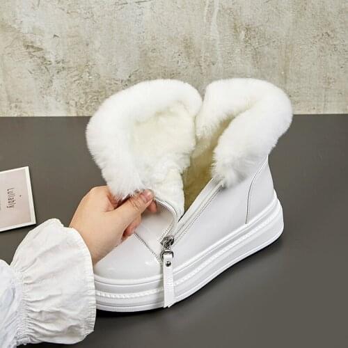 Real Patent Leather Waterproof Winter Ankle Boots Womens Casual Flat Snow Boots Wool Warm Zipper Cotton Shoes 35-40