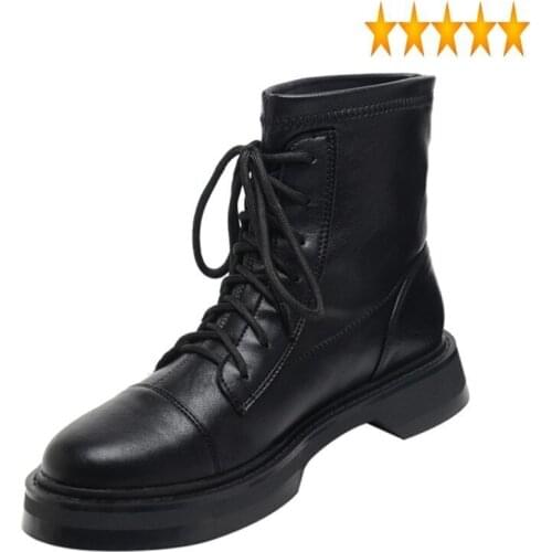 Women Leather Motorcycle Ankle Fashion Lace Up High Top Stretchy Safety Riding Shoes Casual Low Heel Footwear Female Boots