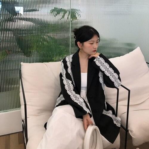 2021 New Women Black Lace Split Blazers Korean Loose Single Breasted Lapel Long Sleeve Suit Jacket Spring Autumn Female Fashion