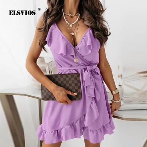 Women Elegant V-neck Ruffle Irregular Mini Dress Sexy Spaghetti Strap Off Shoulder Solid Summer Dress 2021 Female Party Dresses