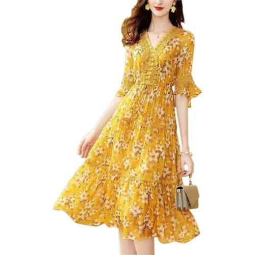 2021 Fashion Womens Summer Print Faux Mulberry Silk Lace Dress V-Neck Short Sleeve Yellow Elegant A-Line Ruffle Dresses KW481