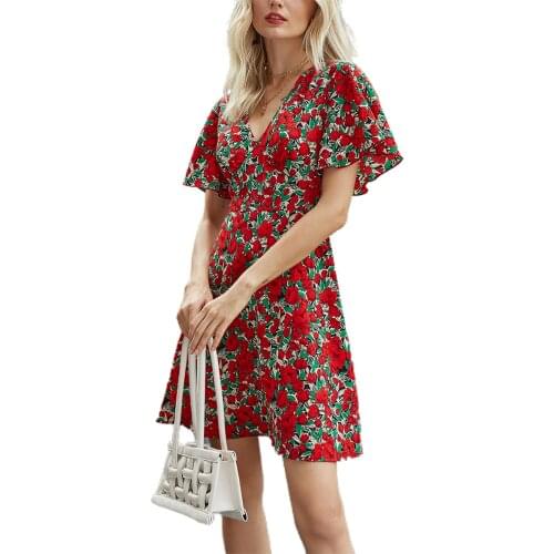 Women Fashion V-neck Floral Print Dress Stylish Short Sleeve Dress for Ladies Female