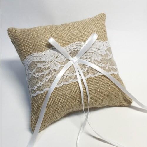 1PCS 15*15cm Generic Burlap Jute Lace Bow-knot Basket Ring Bearer Pillow Cushion Rustic Country Wedding Decoration Supplies