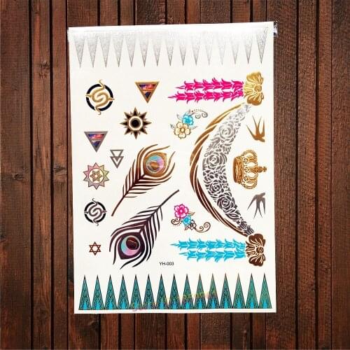 1PC Large Size Gold Henna Tattoo Choker Feather Golden Metallic Fake Temporary Tattoo Stickers AYH-3 Silver Peacock Flower Chain