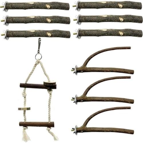 10pcs Bird Natural Perches Parrot Perch Stand Set Bird Cage Accessories Wood Stick Stand Parrot Birdcage Climbing Stairs Toys