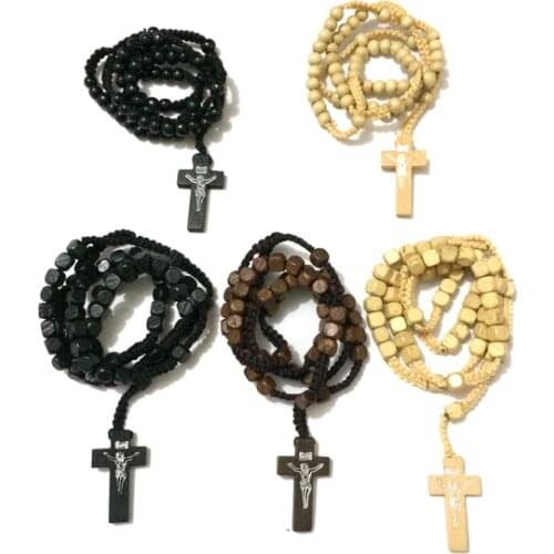 50pcs/lot Mix 3 colors Square Wood Rosary Prayer Bead Necklace Braided Cord Wood Cross & Beads Necklace
