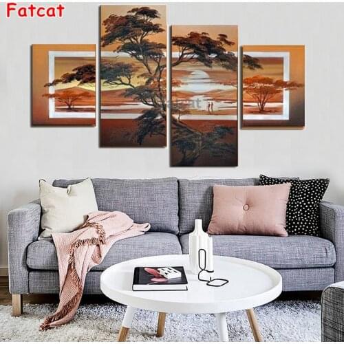 5D Diy Diamond Painting African Woman Full Square round Drill Diamond Embroidery Landscape Tree 4pcs Cross Stitch Decor PP2162