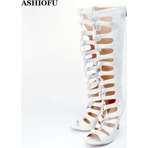 ASHIOFU Handmade Ladies High Heel Boots Autumn Cut-out Party Prom Knee Boots Open-toe Sexy Dress Evening Fashion Boots Shoes