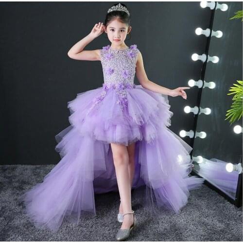 Glizt Trailing Appliques Violet First Communion Dresses Girl Party Gown Kids Baby Pageant Gown Flower Girl Dresses for Weddings