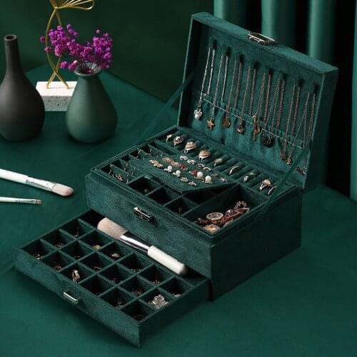 Hot Green Flannel Jewelry Organizer Box 3-layers Ring Necklace Earrings Makeup Cases Velvet Jewelry Box with Lock Key for Women