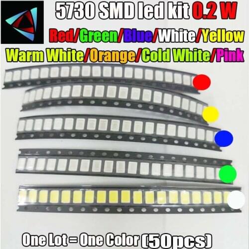 50pcs SMD 5730 5630 0.2W LED Diode Kit 10Values Red/Green/ICE Blue/White/Yellow /Warm White/Orange/Pink/ Cold GOLD LED kit