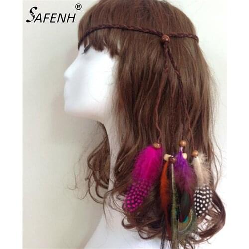 Bohemian peacock feather braided head bands fashion handmade women girl hair hairband ornaments tiara decorations