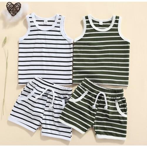 2Pcs Baby Boy Summer Outfits Striped Print Sleeveless Tank Tops + Elastic Waist Shorts Set