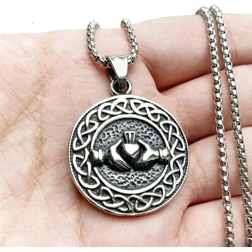 Stainless Steel Mens Irish Celtic Claddagh Knot Pendant Necklace Jewelry