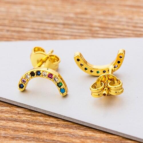 New Fashion Rainbow Gold Micro Pave CZ Hook Design Stud Earrings Small Cute Women Zirconia Jewelry For Ladies Birthday Best Gift