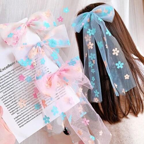 New Organza Bow Hairpin Hair Rope Girl Sweet Ribbon Net Yarn Flower Embroidery Hair Ties Hair Clip Women Fashion Accessories