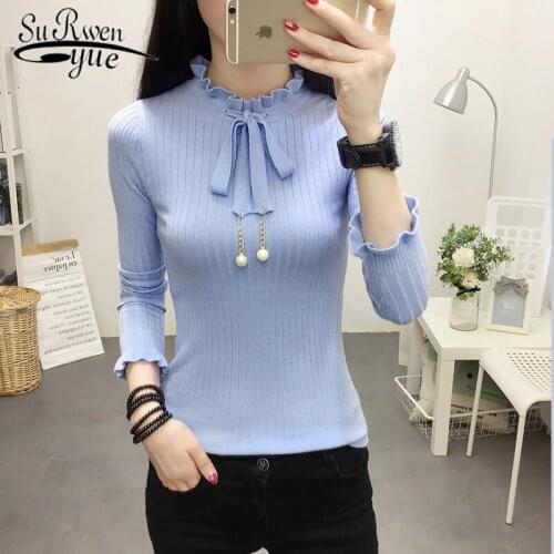 Solid Knitted Warm Sweaters Women Sweet Autumn Winter Fashion Lotus Leaf Collar Turtleneck Pullover Bow Winter Clothing 6928 50