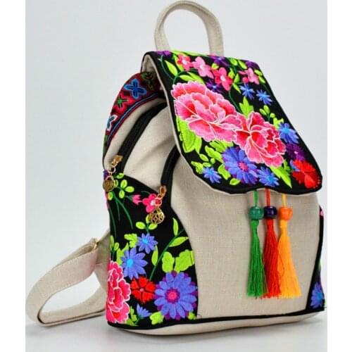 Original new backpack embroidered linen packages female literary small pure and fresh and double bag embroidered white bag
