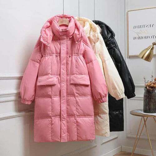 Womens Long Hooded Down Jacket 2021 New Winter Thick Warm Long Sleeve Zipper Puffer pink black White duck Down Jacket Coat