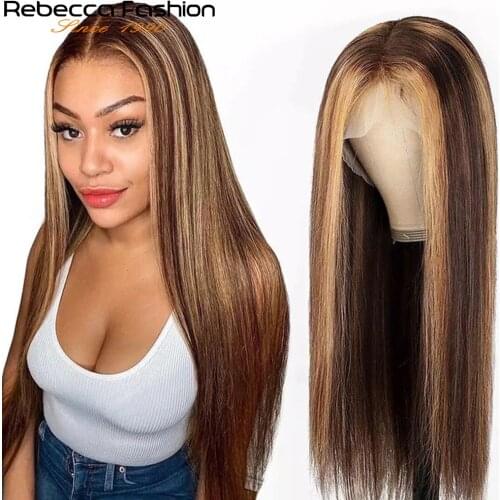Rebecca Highlight Lace Front Human Hair Wigs Brazilian Straight P4/27 Ombre Human Hair Wig For Women Straight Lace Front Wig