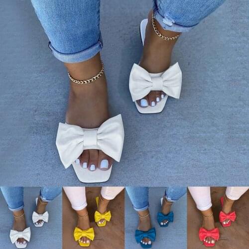 SAGACE Ladies Solid Color Bow Square Toe Flip flop Slippers Flat Heel Sandals Fashion Breathable Non-slip Wear-resistant Sandals