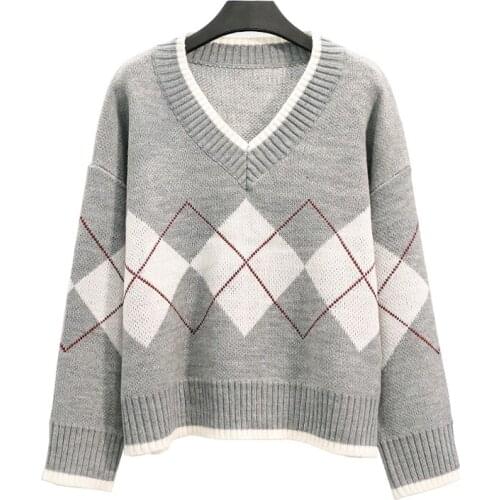 PERHAPS U Women Sweater V Neck Knitted Pullovers Long Sleeve Gray Argyle Loose Autumn Winter M0038