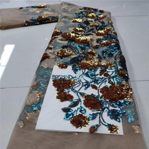 Sky Blue French Tulle Lace Fabric Latest African Lace Fabric gold High Quality Sequins Lace for Nigeria Wedding Dress Multicolor