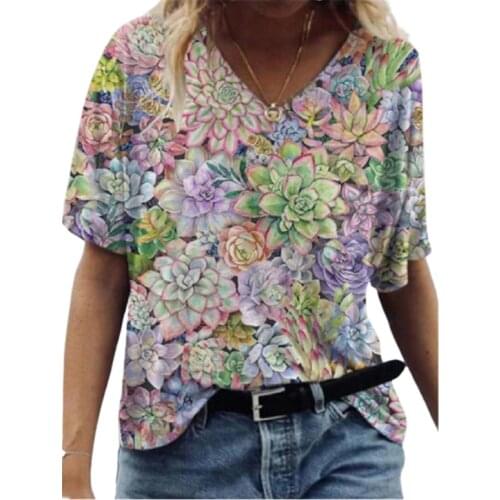 Women 3D Flower Print T Shirt Abstract Top Summer 2021 New Fashion Street Casual V-Neck Loose Tee Oversized Ladies Cotton Tops