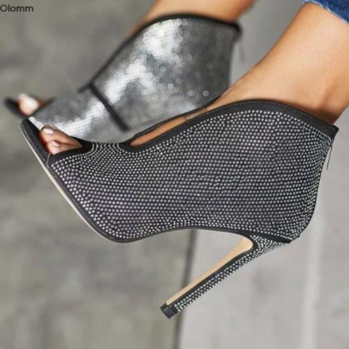 Olomm New Fashion Women Summer Crystal Pumps Thin High Heels Pumps Nice Peep Toe Gorgeous Black Party Shoes Women US Size 5-15
