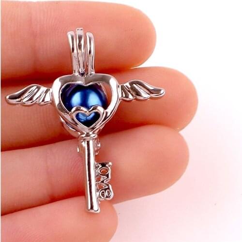 10Pcs Romantic Angel Wing Key Shaped Cage Floating Locket Finding Pearl Harmony Ball Handcraft Essential Oil Jewelry