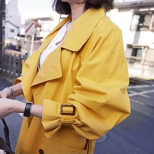 2019 Autumn Womens Double Breasted Trench Coat Loose Casual Windbreaker Female Yellow With Belt Overcoat Business Outerwear 441