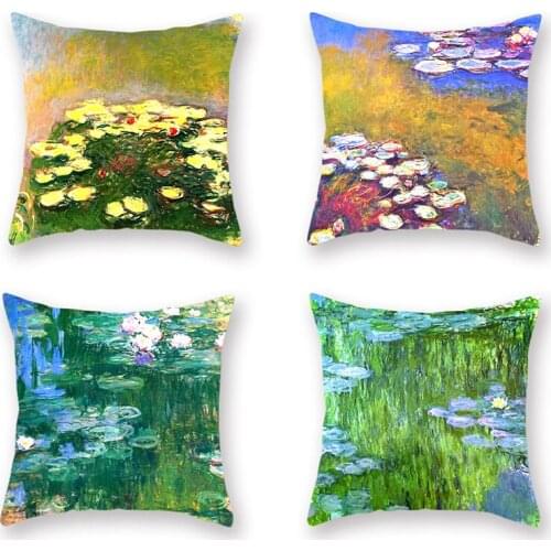 4pcs Water Lily Cushion Cover Monets Painting Peach Skin Pillowcase Sofa Artistic Pillow Covers Bedroom Living Room Home Decor