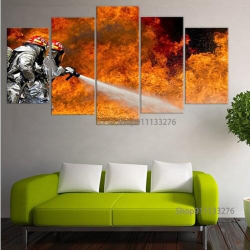 Modular 5 Pieces Firefighter Canvas Art Poster Wall Decor HD Prints Fireman Pictures for Gift Home Decoration frame