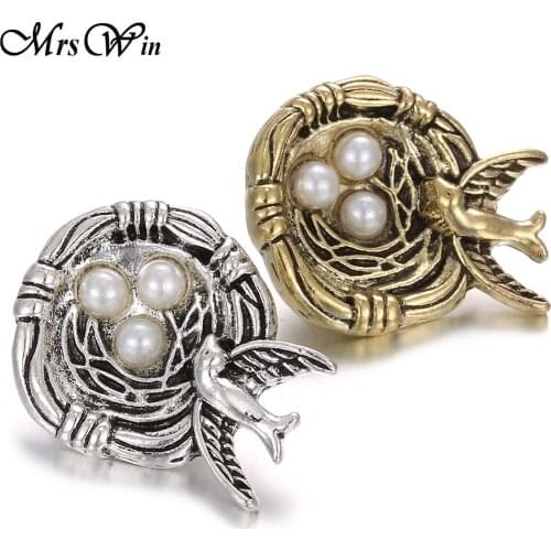 6pcs/lot New Snap Button Jewelry Imitation Pearl Egg Bird 18mm Metal Snap Buttons Fit Silver color Snap Bracelet for Women