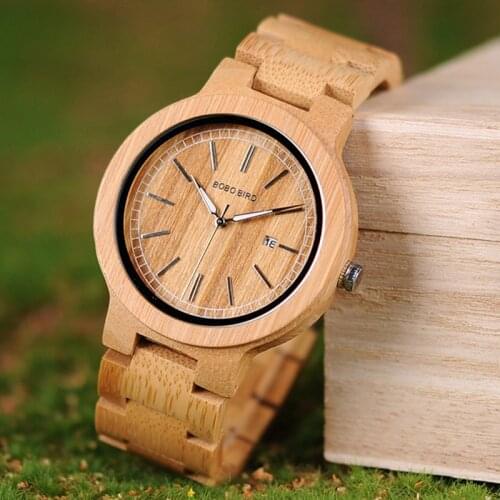 BOBO BIRD Original Wood Handmade Quartz Watch J-P23 with Wooden Band Auto Date showing relogio masculino