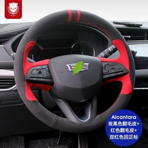 For Cadillac CT65 CT4 XT6 XT5 XT4 Real Alcantara Steering wheel cover suede hand-sewn grip cover Auto interior Car goods