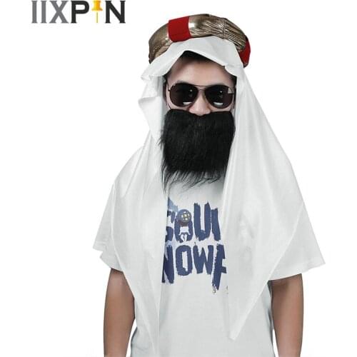Men Keffiyeh Arabic Mislim Headpiece Head Scarf With Mestache Halloween Cosplay Costume Party Desert Prince Headdress Headwear