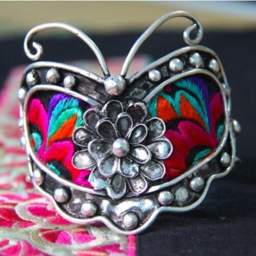Hot sell new - Wholesale -hot >> Handcrafted Hand embroidered Butterfly Bracelet original folk style silver bangle