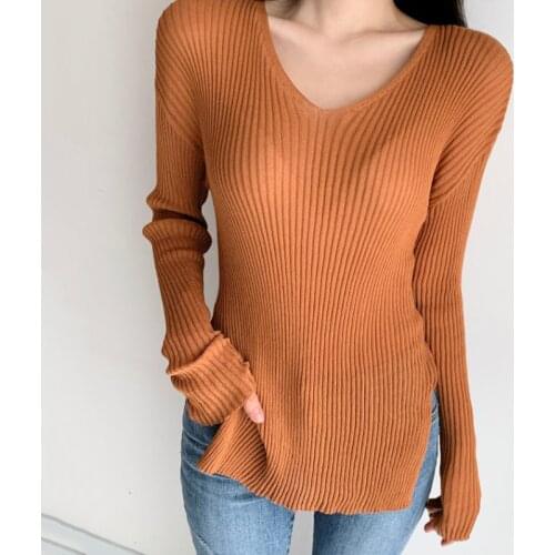 Korean Cic Early Autumn French Retro Simple Temperament V-Neck Slim All-Match Split Long-Sleeved Sweater Top Women