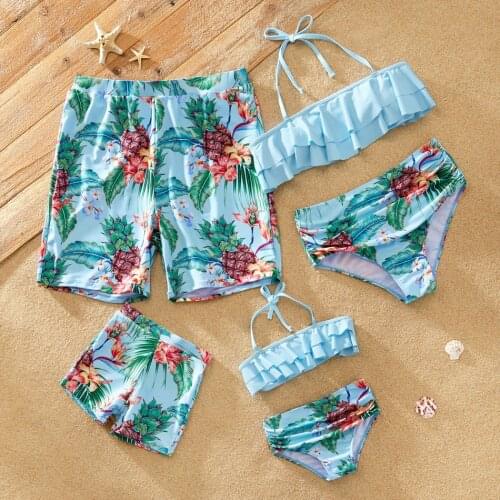PatPat 2021 New Arrival Summer Family Look Solid Stitching Floral Print Ruffle One-piece Matching Swimsuits