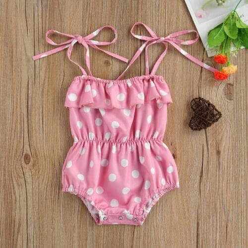 Toddler Summer Rompers, Polka Dot Tied Shoulder Straps Flounce Elastic Jumpsuits for Baby Girls, 0-24 Months