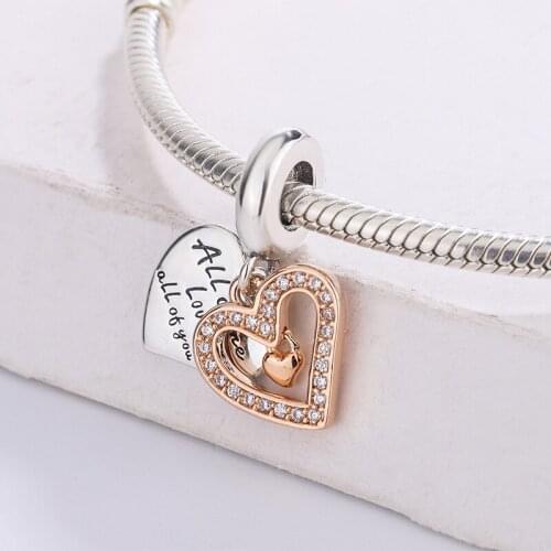 Fashion 925 Sterling Silver Rose Gold Sparkling Freehand Heart Dangle Charm Bracelet DIY Jewelry Making For Original Pandora