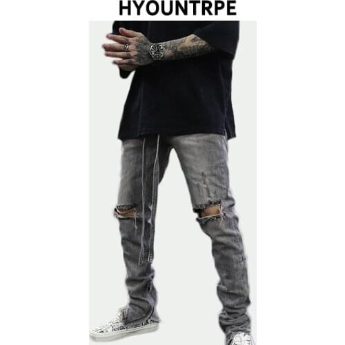 Knee Hole Destroyed Denim Jeans Mens Vintage Washed Slim Biker Jeans with Long Belt New Fashion Streetwear Hip Hop Pants Joggers