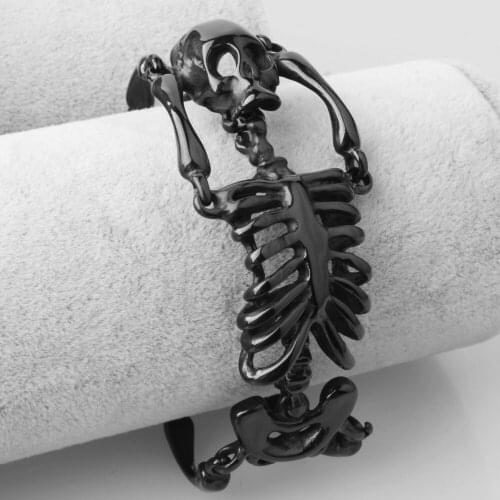 Stainless Steel Black Skull Bracelet Big Skeleton Bones Statement Punk Jewelry Christmas Gift Gothic Mens Bracelet Bangle 8.26"