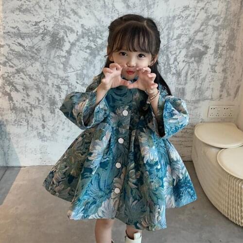 Girls Autumn Middle Long Coat Fashionable Children Wear Baby Little Windbreaker Printing Dresses For 2-10 Years Old