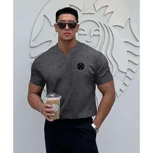 Casual V Neck Short Sleeve T Shirt Men Fitness Slim Fit Strips T-shirt Male Printed Sports Tees Tops Summer Cotton Gym Clothing