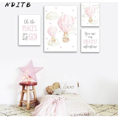 Pink Balloon Animal Travel Wall Art Canvas Print Baby Nursery Quotes Poster Painting Nordic Kid Child Bedroom Decoration Picture